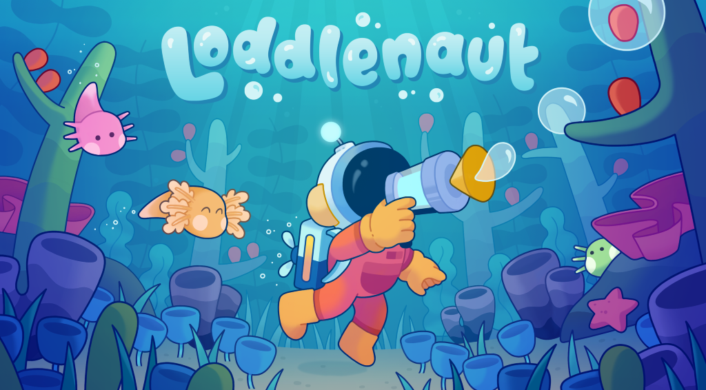 Loddlenaut key art showing game logo, the protagonist in a diving suit armed with a bubble gun, and a colourful underwater scene filled with loddle creatures